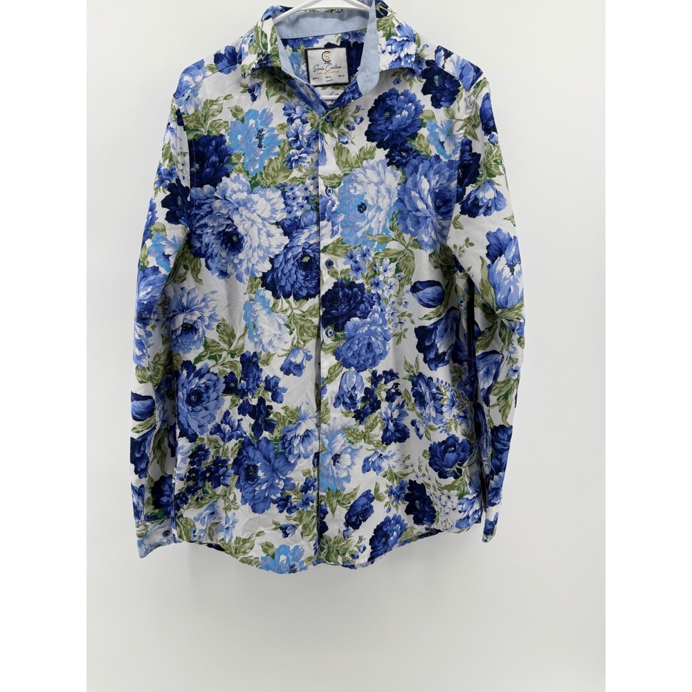 Suslo Couture Mens Slim Fit Floral Button Down Shirt Blue Green Rose Print Sz M
